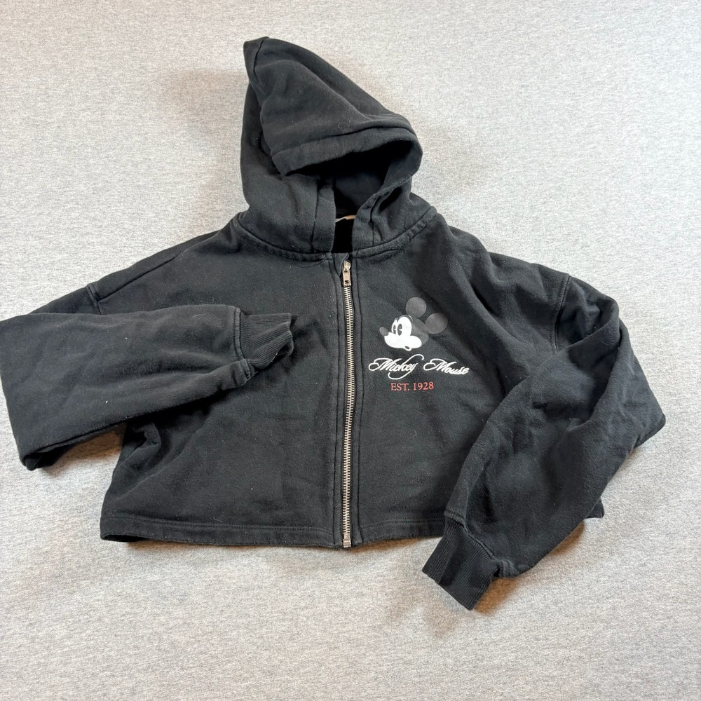 H&M Hoodie Kids Size 8-10 Black Disney Mickey Mouse Cropped Full Zip Sweatshirt